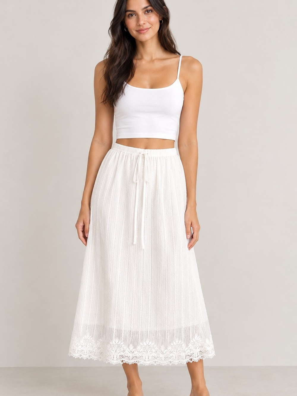 Golder Trip White Cotton Lace Trim Dobby Midi Maxi Skirt Small Boho Cottagecore